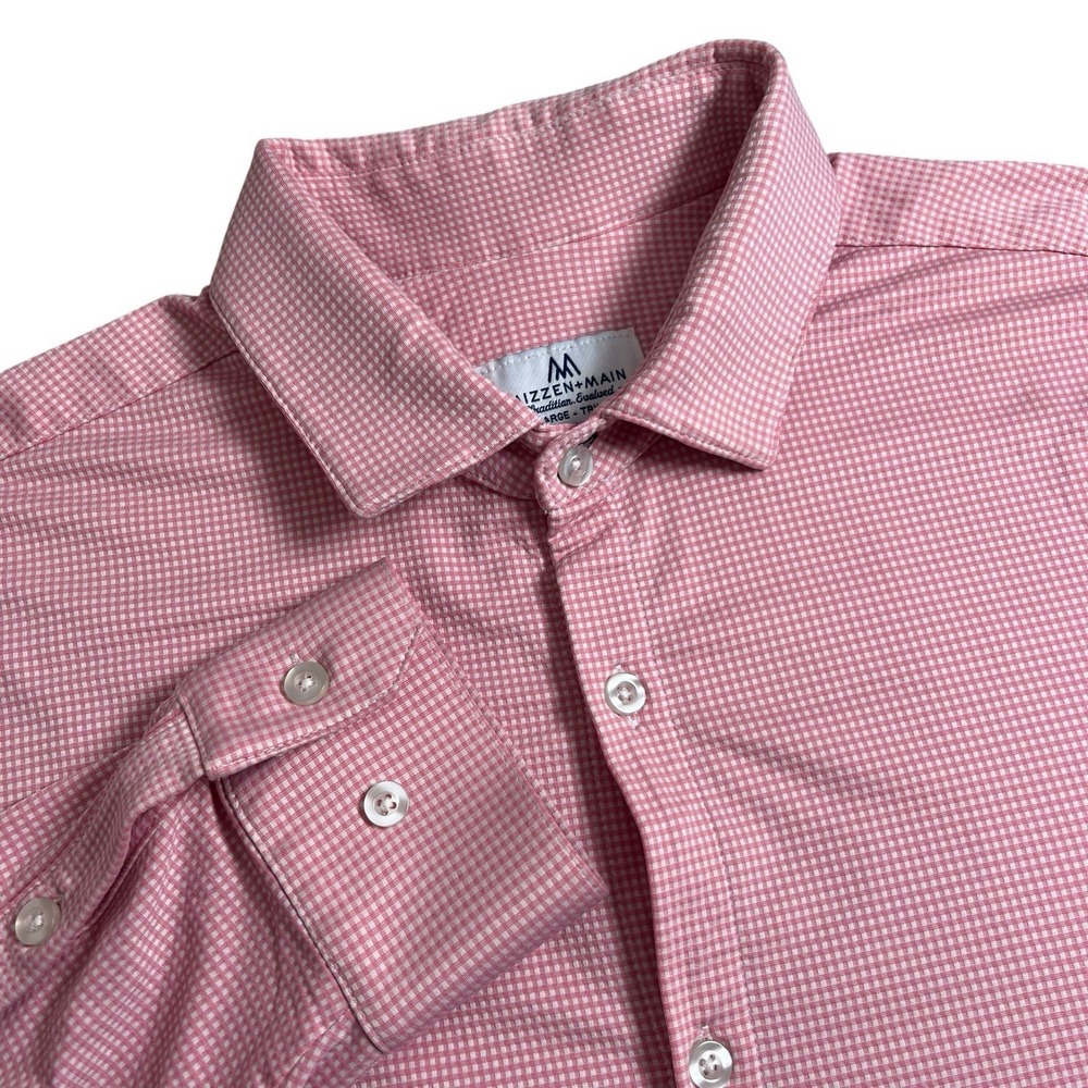 Mizzen+Main Mens XXL Pink Gingham Check Trim‎ Fit Long Sleeve Button Up Shirt